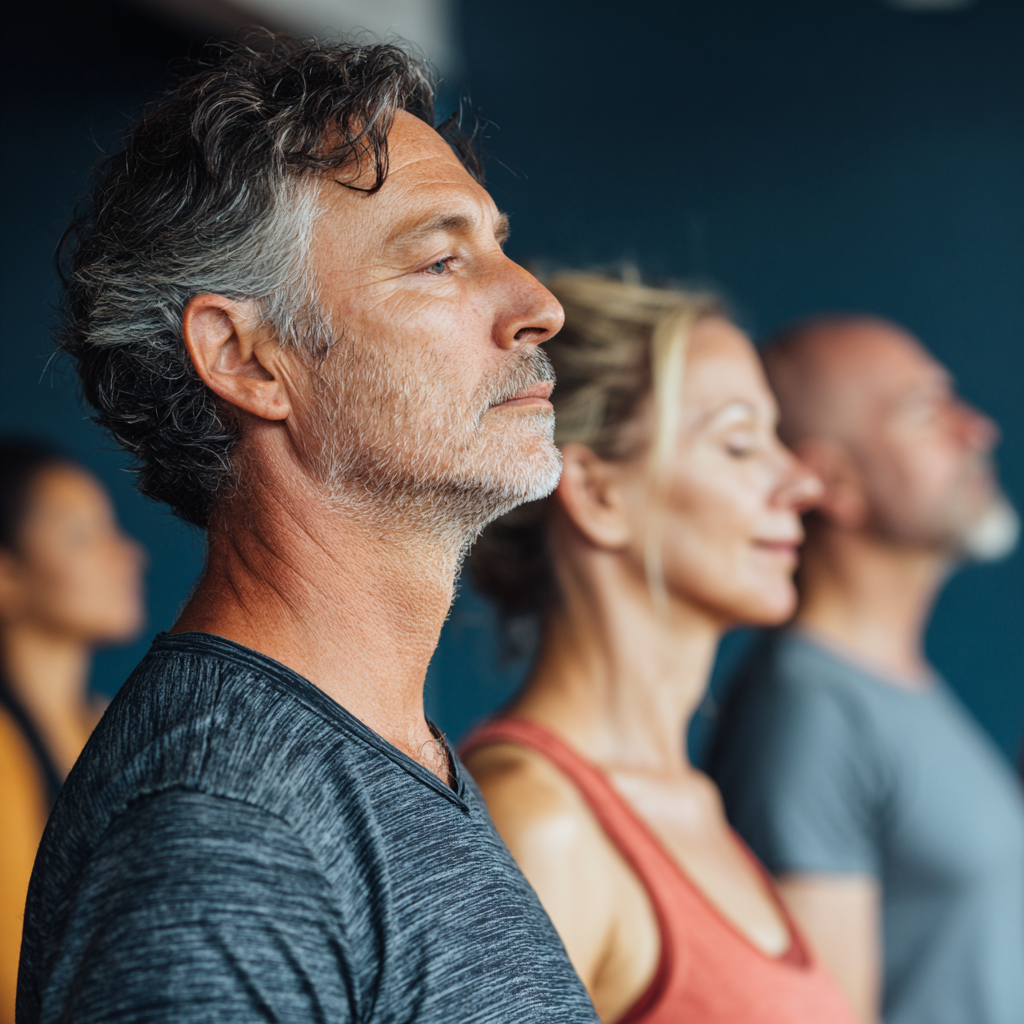 Middle-aged adults practicing mindful movement exercises in a calm studio environment
